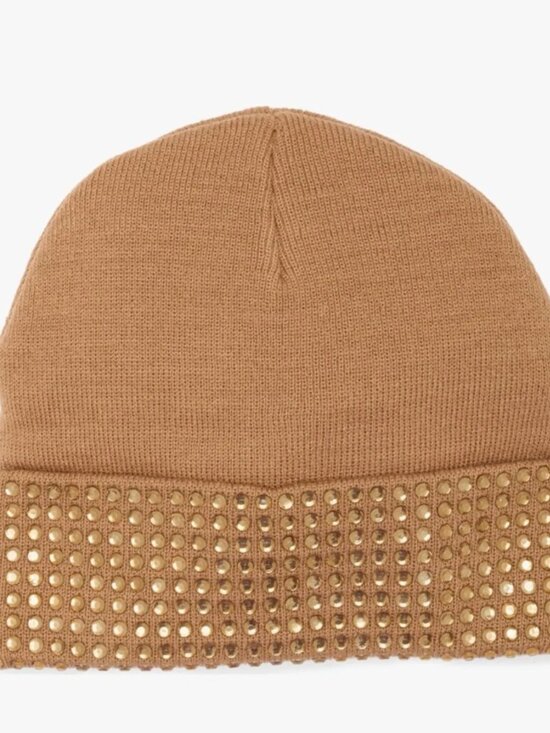 NWT Kurt Geiger London Logo Patch Crystal Cuff Beanie One Size, CAMEL main image 3